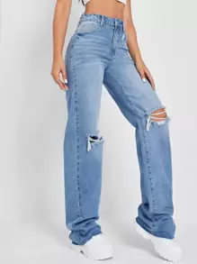 SHEIN EZwear Jeans desgarro de talle alto - Lavado ligero - Ver 5