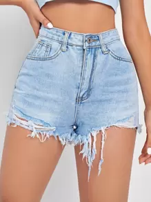 Högt Skurna Denim Shorts med Sliten Fåll - Ljustvätt - Visa 1
