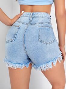 Högt Skurna Denim Shorts med Sliten Fåll - Ljustvätt - Visa 2
