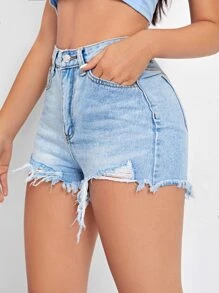 Högt Skurna Denim Shorts med Sliten Fåll - Ljustvätt - Visa 3