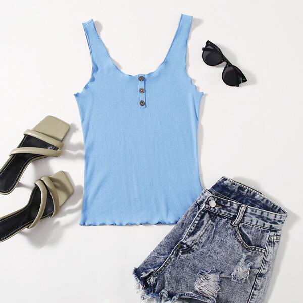 

Button Front Lettuce Edge Tank Top, Baby blue