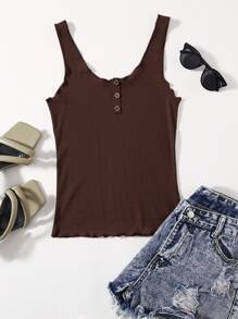 SHEIN EZwear Button Front Lettuce Edge Tank Top - Chocolate Brown - View 1