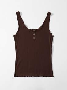 SHEIN EZwear Button Front Lettuce Edge Tank Top - Chocolate Brown - View 3