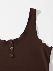 SHEIN EZwear Button Front Lettuce Edge Tank Top - Chocolate Brown - View 5