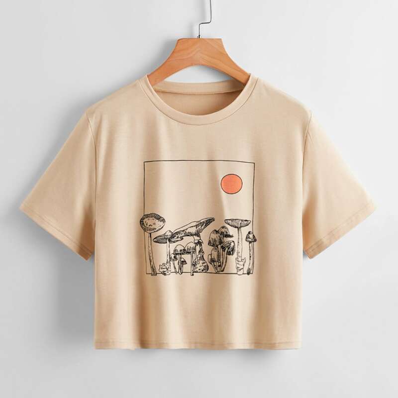 

Sun & Mushroom Graphic Crop Boxy Tee, Apricot