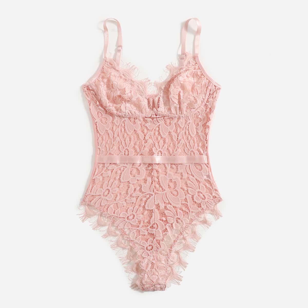 

Eyelash Lace Teddy Bodysuit, Pink