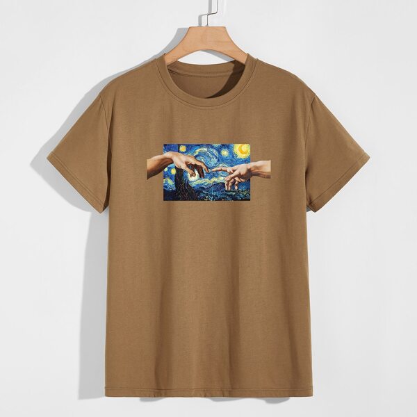 

Men Oil Painting And Hand Graphic Tee, Brown