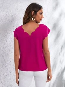 SHEIN Clasi Double V Neck Scallop Edge Top - Red Violet - View 2