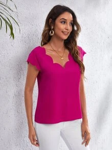 SHEIN Clasi Double V Neck Scallop Edge Top - Red Violet - View 3