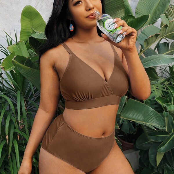 

Plus Plain High Waisted Bikini Swimsuit, Brown