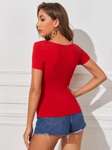 SHEIN Essnce Cap Sleeve Solid Tee - Red - View 3