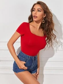 SHEIN Essnce Cap Sleeve Solid Tee - Red - View 4