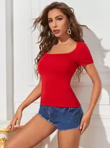 SHEIN Essnce Cap Sleeve Solid Tee - Red - View 5