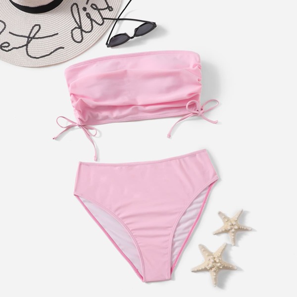 

Plus Drawstring Side Bandeau Bikini Swimsuit, Baby pink