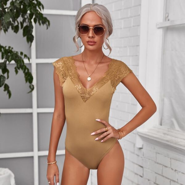 

Double V-neck Lace Detail Form Fitted Bodysuit, Camel