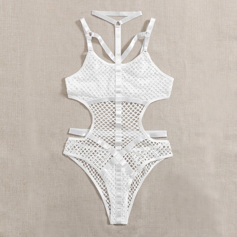 

Fish Net Criss Cross Teddy Bodysuit, White