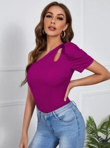 SHEIN Privé One Shoulder Cut-out Puff Sleeve Tee - Purple - View 4