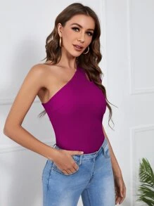 SHEIN Privé One Shoulder Cut-out Puff Sleeve Tee - Purple - View 5