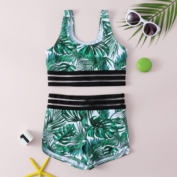 

Girls Tropical Mesh Trim Bikini Swimsuit, Multicolor