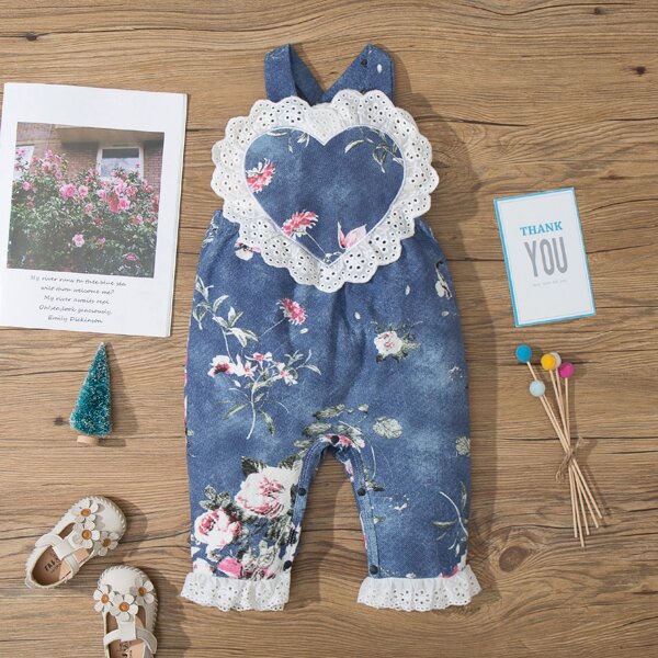 

Baby Girl Floral Contrast Schiffy Denim Overalls, Medium wash