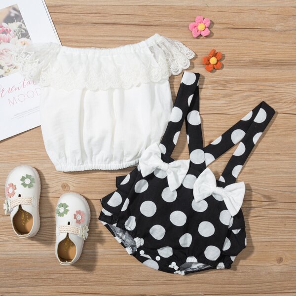 

Baby Girl Lace Panel Bardot Top With Polka Dot Bow Shorts, Black and white