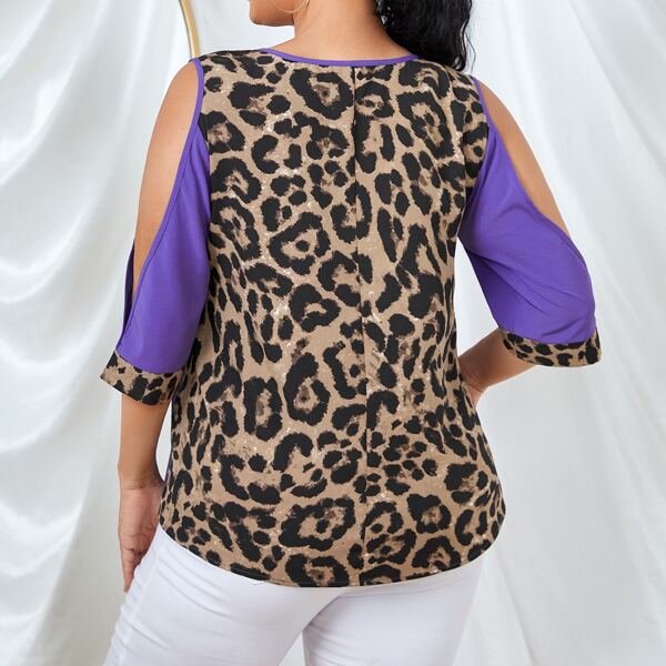 

Plus Spliced Leopard Cold Shoulder Blouse, Multicolor