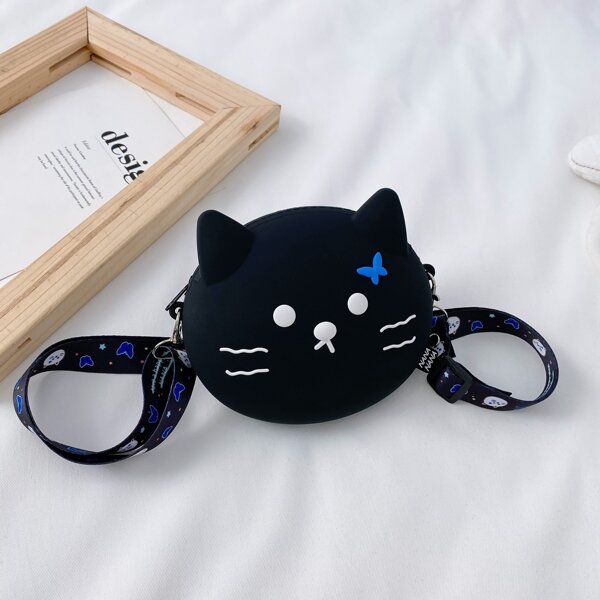 

Girls Cartoon Cat Design Crossbody Bag, Black