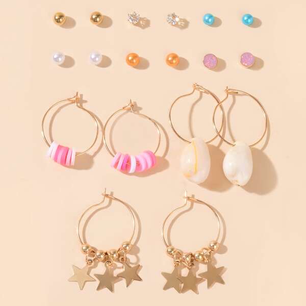 

9pairs Star & Shell Drop Earrings, Multicolor