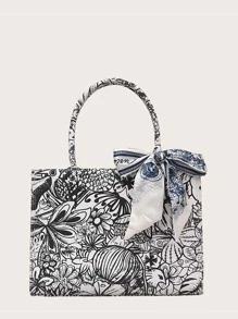 Floral Graphic Tote Bag - Black and White - View 1