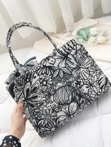 Floral Graphic Tote Bag - Black and White - View 3