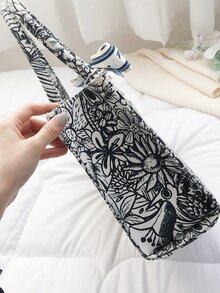 Floral Graphic Tote Bag - Black and White - View 6