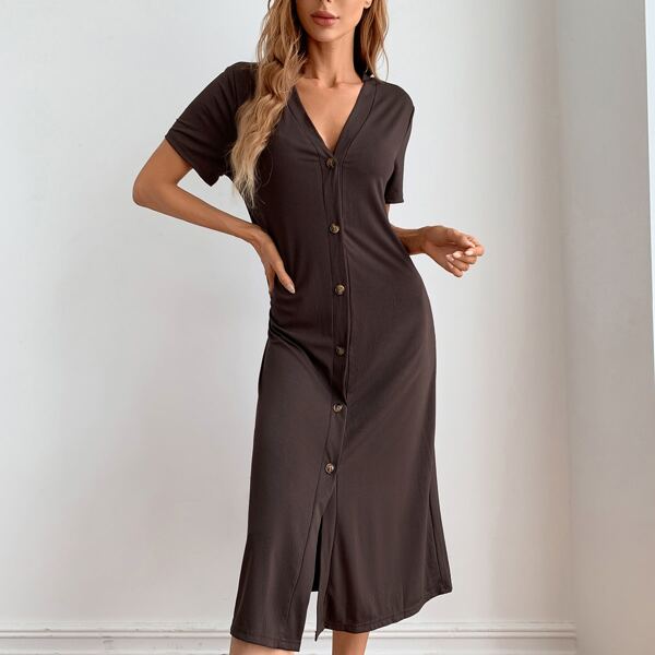 

Button Front Solid Lounge Dress, Chocolate brown