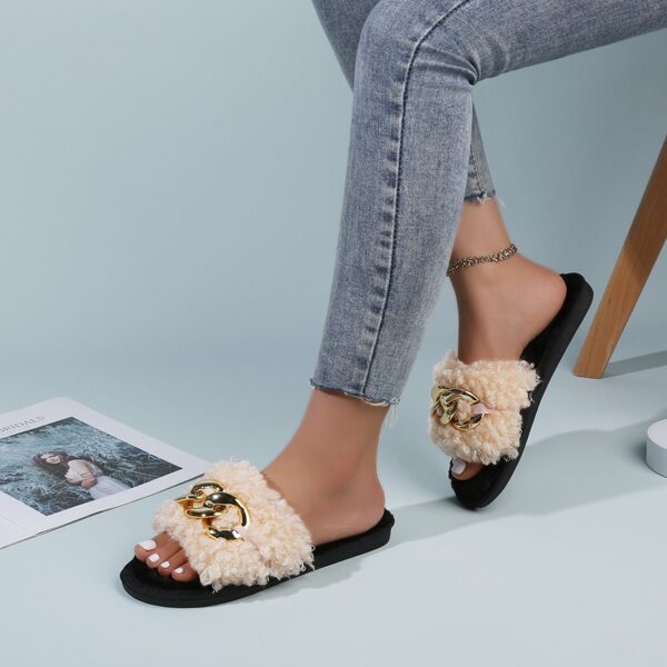 

Chain Decor Fluffy Bedroom Slippers, Apricot