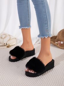 Minimalist Fluffy Slides - Black - View 1