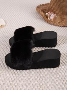 Minimalist Fluffy Slides - Black - View 2