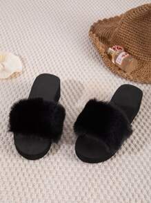 Minimalist Fluffy Slides - Black - View 6