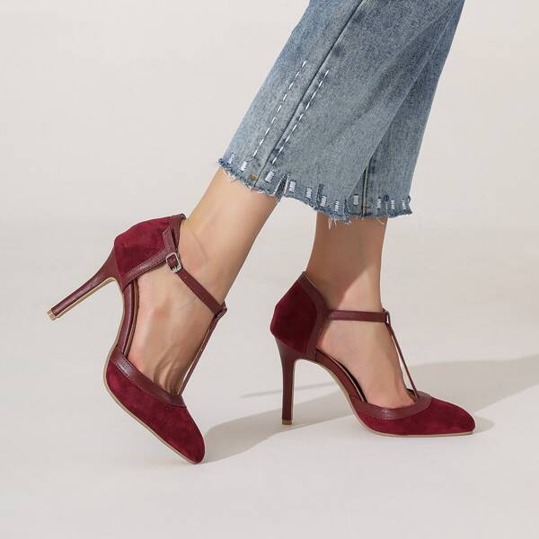 

Minimalist T-Strap Point Toe Pumps, Burgundy