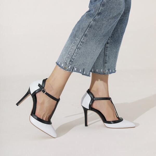 

Two Tone T-Strap Point Toe Pumps, White