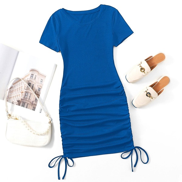 

Drawstring Side Rib-knit Bodycon Dress, Royal blue