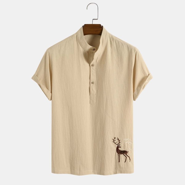 

Men Deer Embroidery Half Button Shirt, Apricot