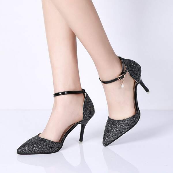 

Faux Pearl Decor Ankle Strap Glitter Pumps, Black