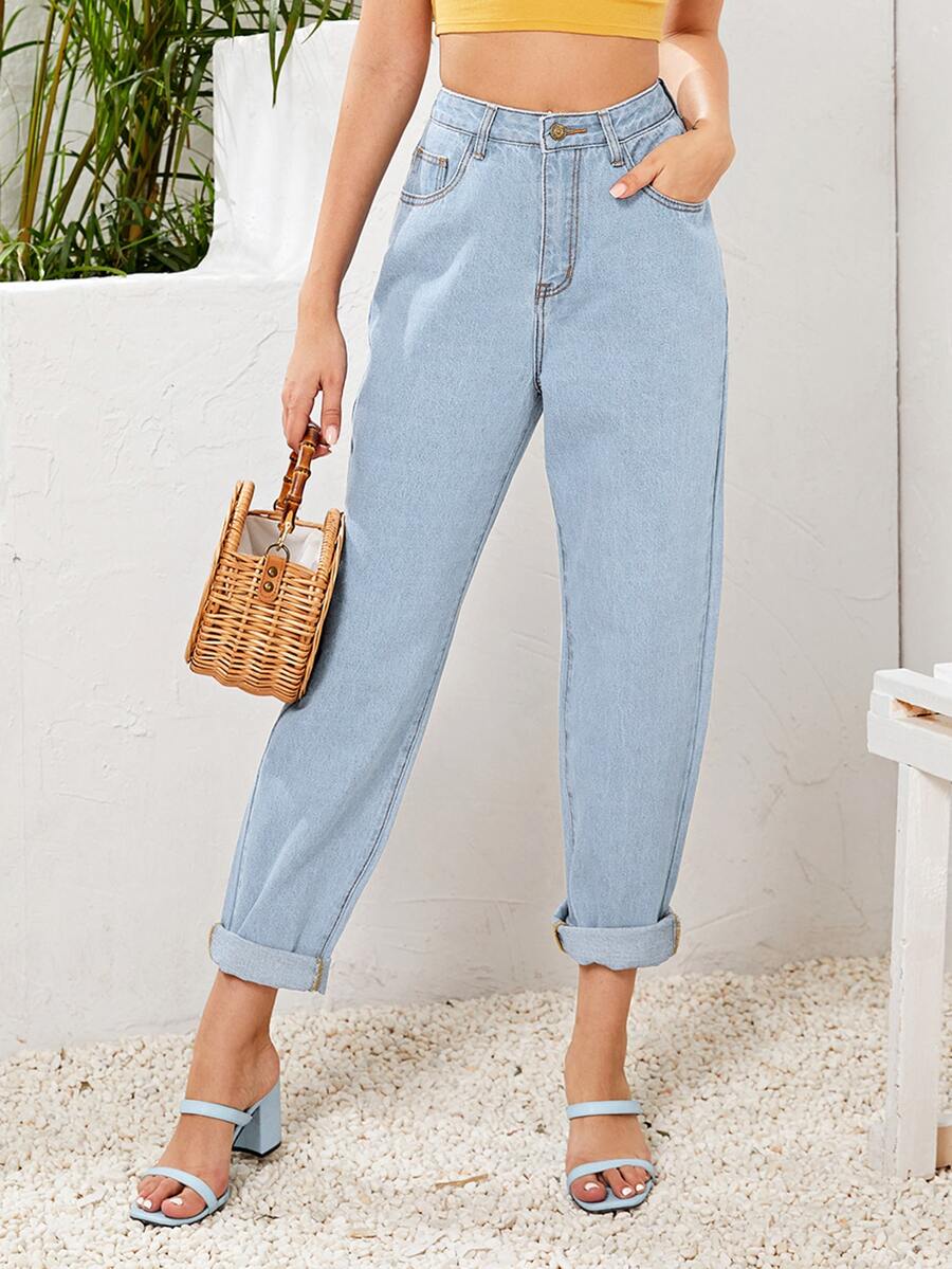 High Waist Straight Leg Jeans - Light Wash - View 1
