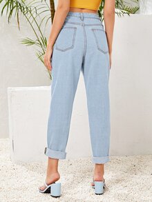 High Waist Straight Leg Jeans - Light Wash - View 2