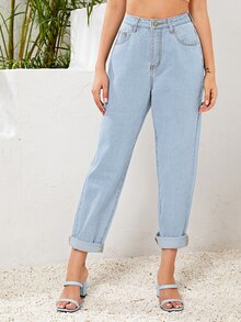 High Waist Straight Leg Jeans - Light Wash - View 6