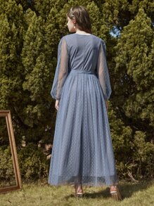 Modelyn Sukienka Dobby z siateczki Bishop Sleeve i paskiem