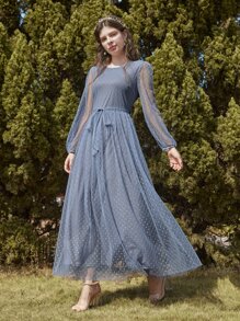 Modelyn Sukienka Dobby z siateczki Bishop Sleeve i paskiem