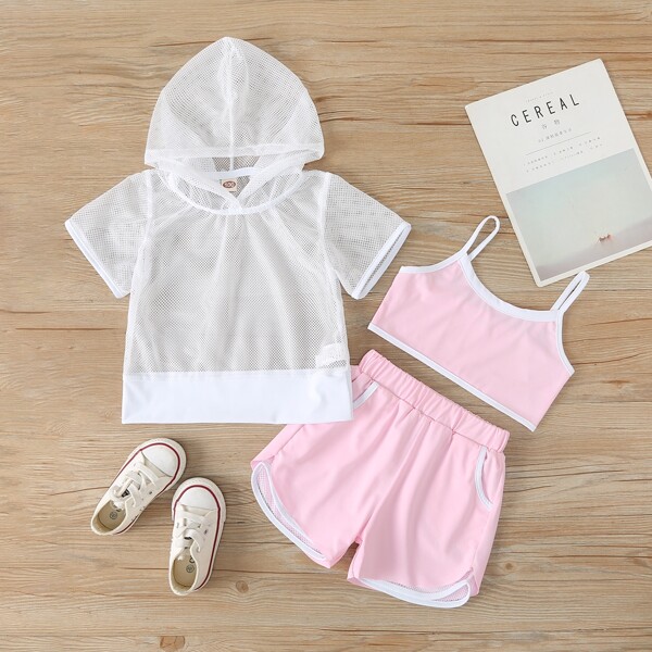 

Toddler Girls Contrast Binding Cami Top & Track Shorts & Mesh Hooded Top, Multicolor