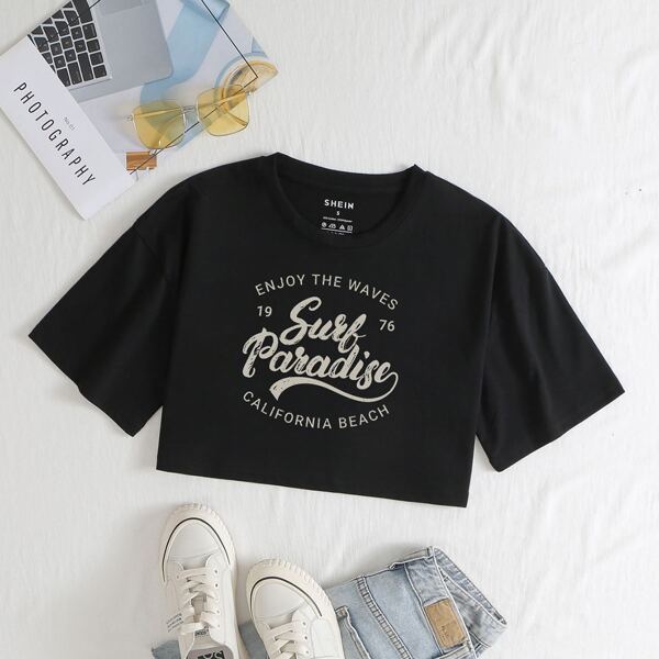 

Slogan Graphic Crop Tee, Black