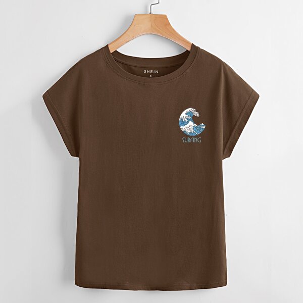 

Letter & Wave Print Tee, Coffee brown