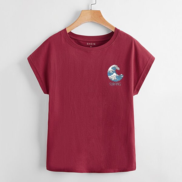 

Letter & Wave Print Tee, Burgundy